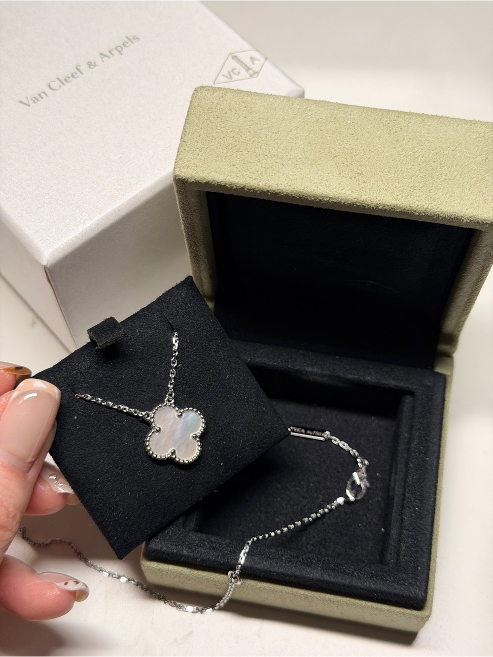 Van Cleef & Arpels Mother-of-Pearl Alhambra Pendant Necklace - White & Silver